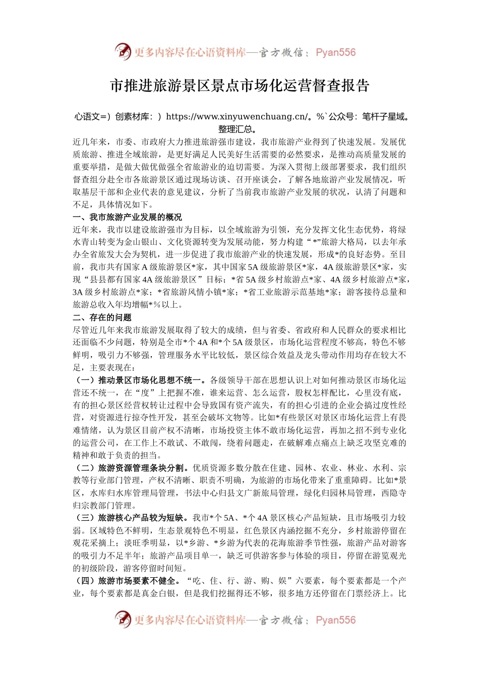 市推进旅游景区景点市场化运营督查报告.docx_第1页