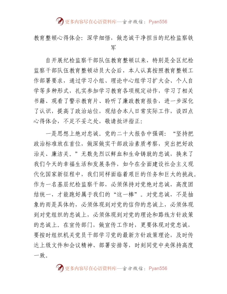 教育整顿心得体会：深学细悟，做忠诚干净担当的纪检监察铁军.docx_第1页