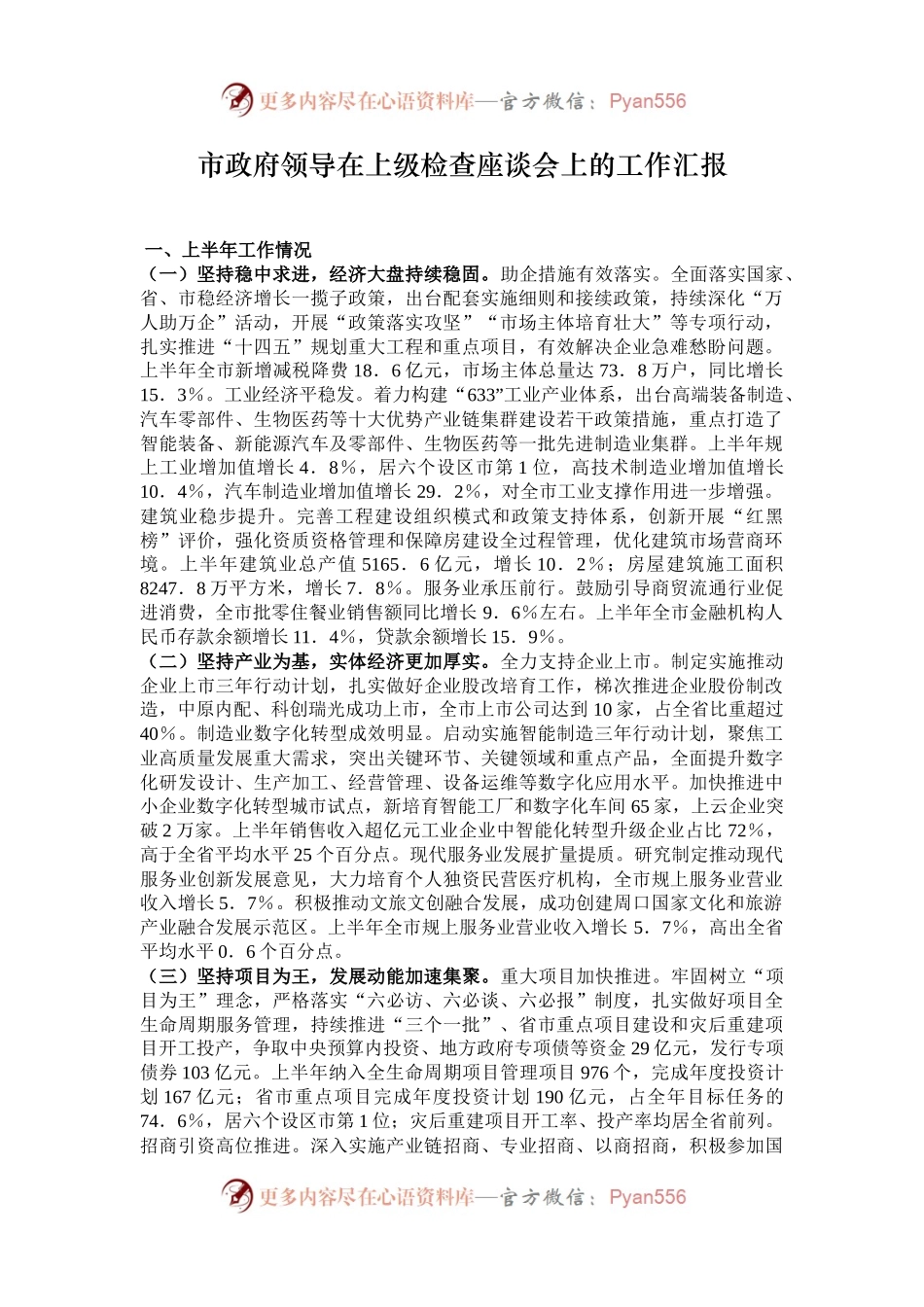 市政府领导在上级检查座谈会上的工作汇报.docx_第1页