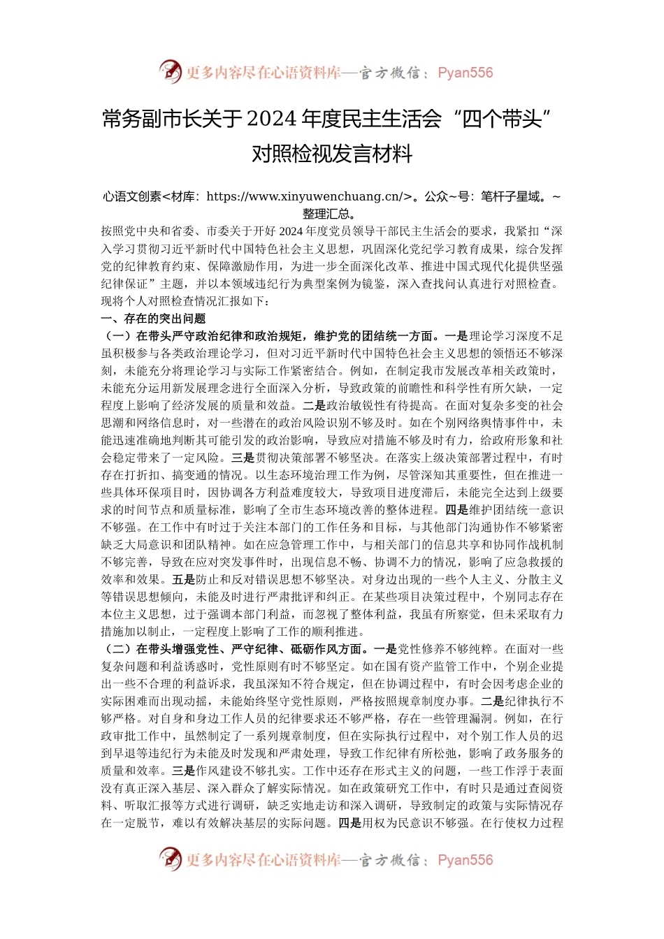常务副市长关于2024年度民主生活会“四个带头”对照检视发言材料.docx_第1页