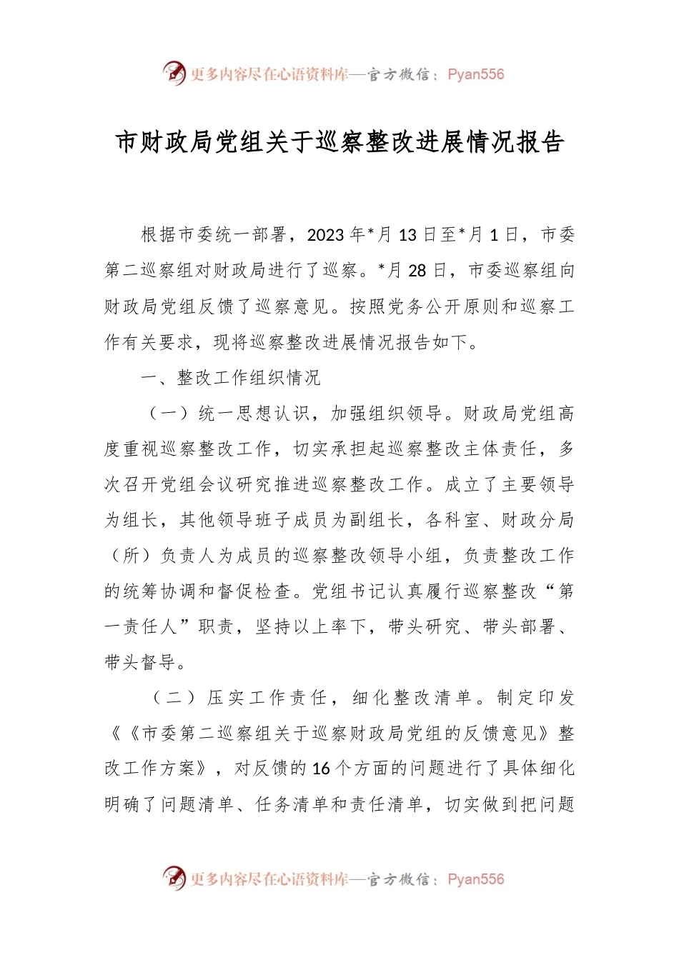 市财政局党组关于巡察整改进展情况报告.docx_第1页