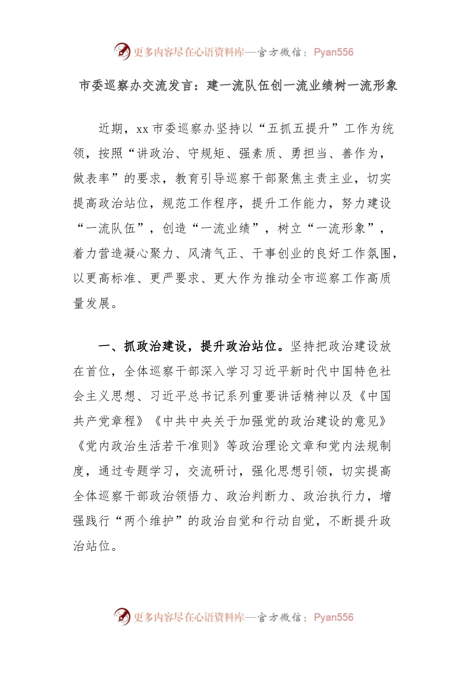 市委巡察办交流发言：建一流队伍创一流业绩树一流形象.docx_第1页