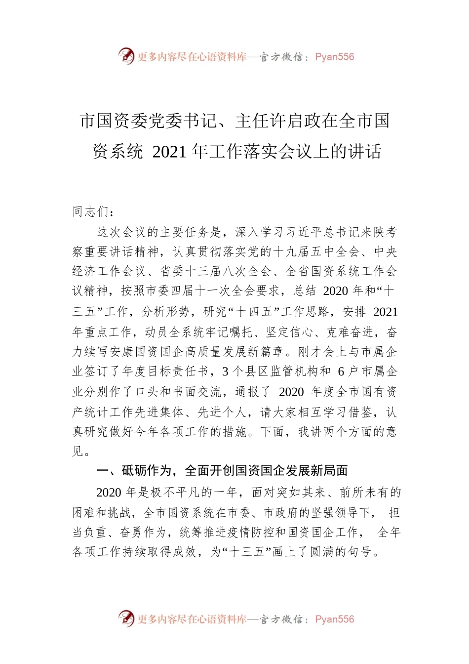市国资委党委书记、主任许启政在全市国资系统2021年工作落实会议上的讲话.docx_第1页