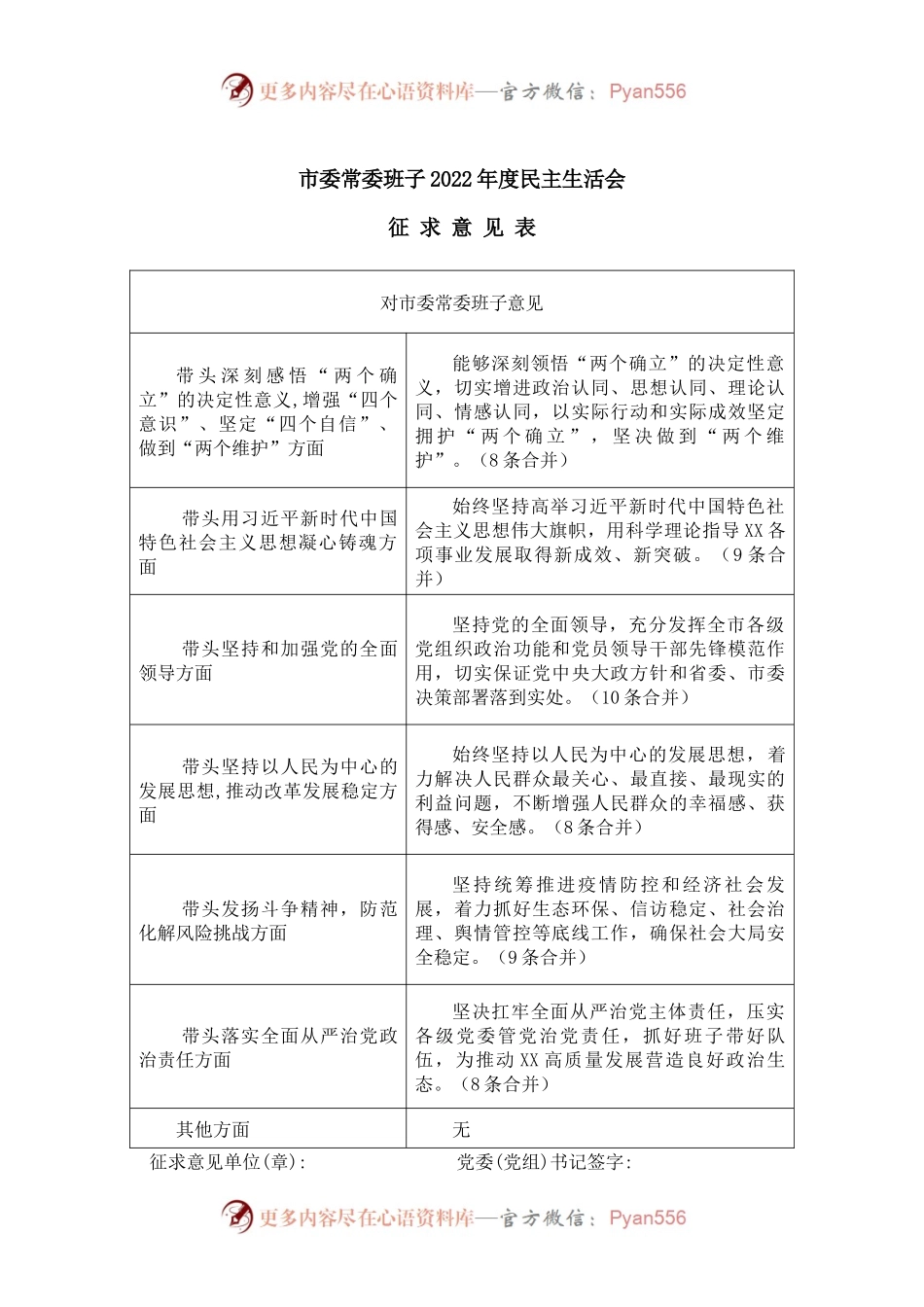市委常委班子2022年度民主生活会（征求意见表）.docx_第1页