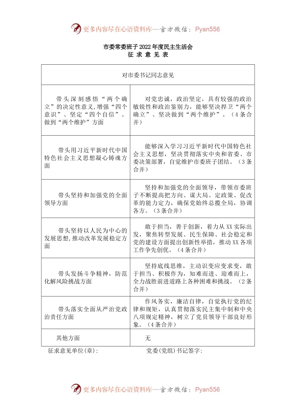 市委常委班子2022年度民主生活会（征求意见表）.docx_第2页