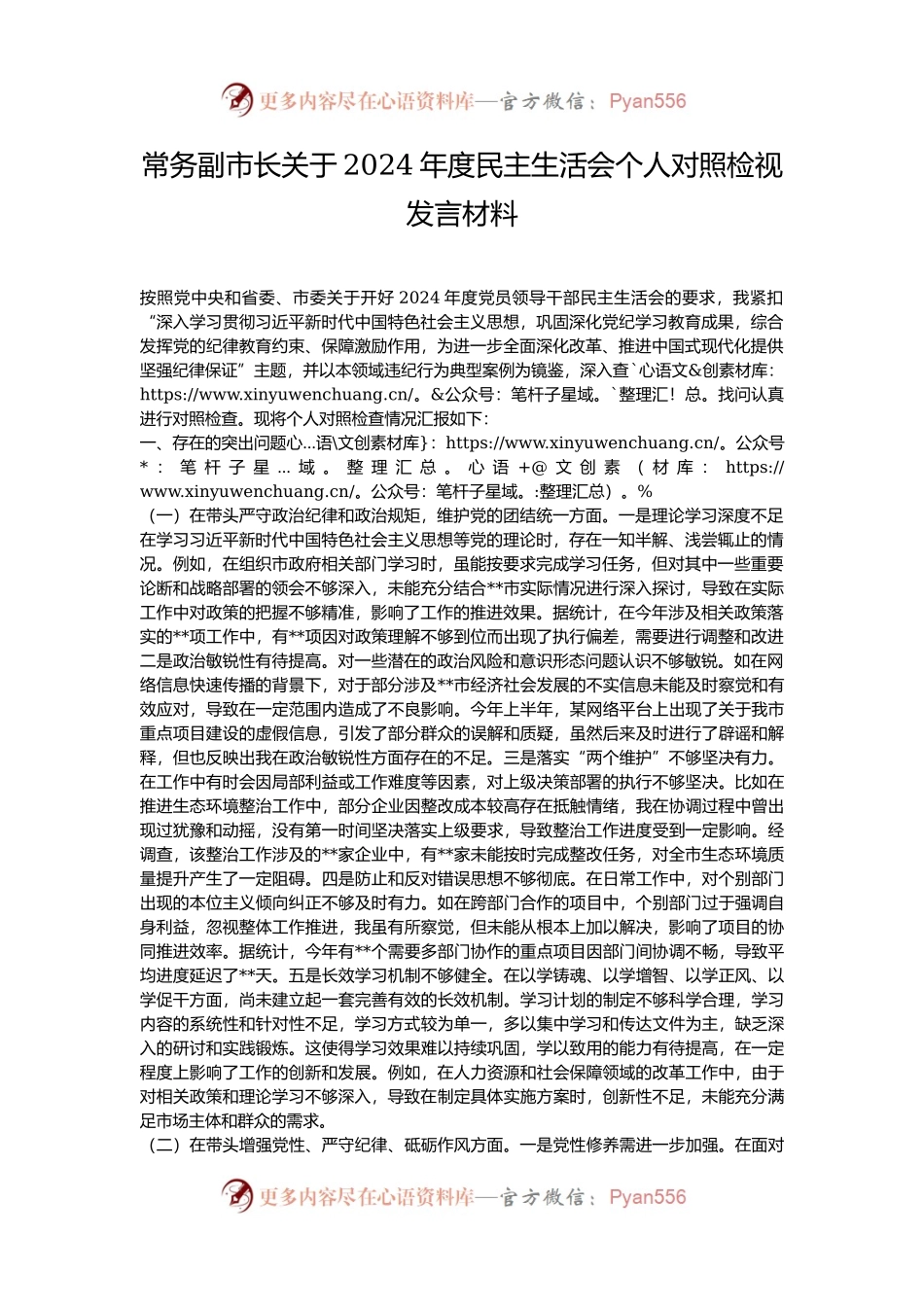 常务副市长关于2024年度民主生活会个人对照检视发言材料.docx_第1页