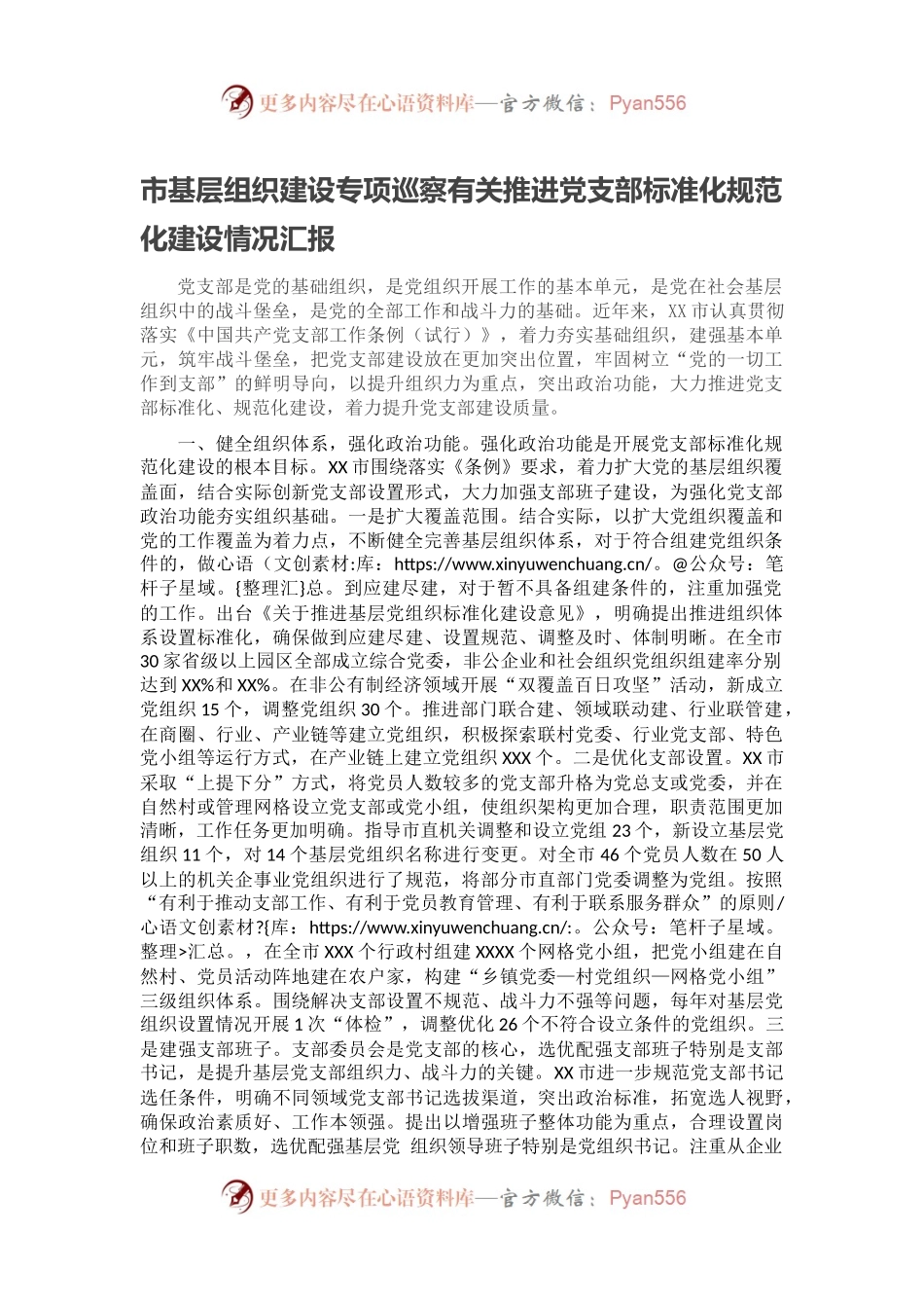 市基层组织建设专项巡察有关推进党支部标准化规范化建设情况汇报.docx_第1页