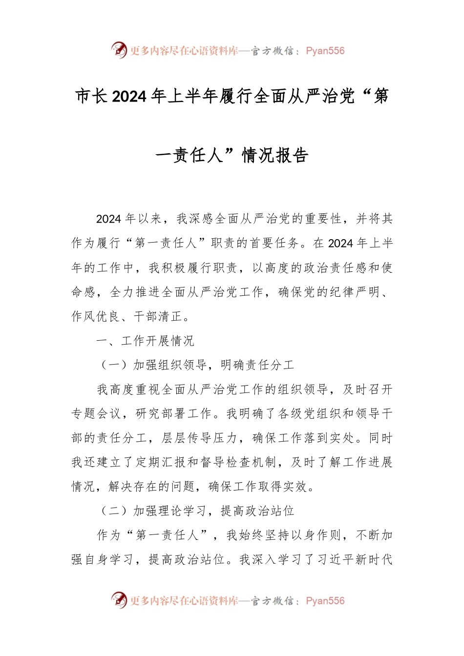 市长2024年上半年履行全面从严治党“第一责任人”情况报告.docx_第1页