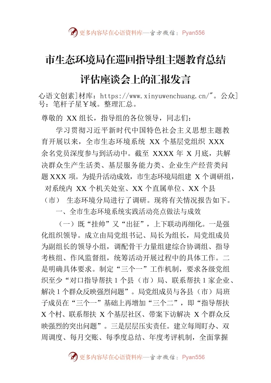 市生态环境局在巡回指导组主题教育总结评估座谈会上的汇报发言.docx_第1页