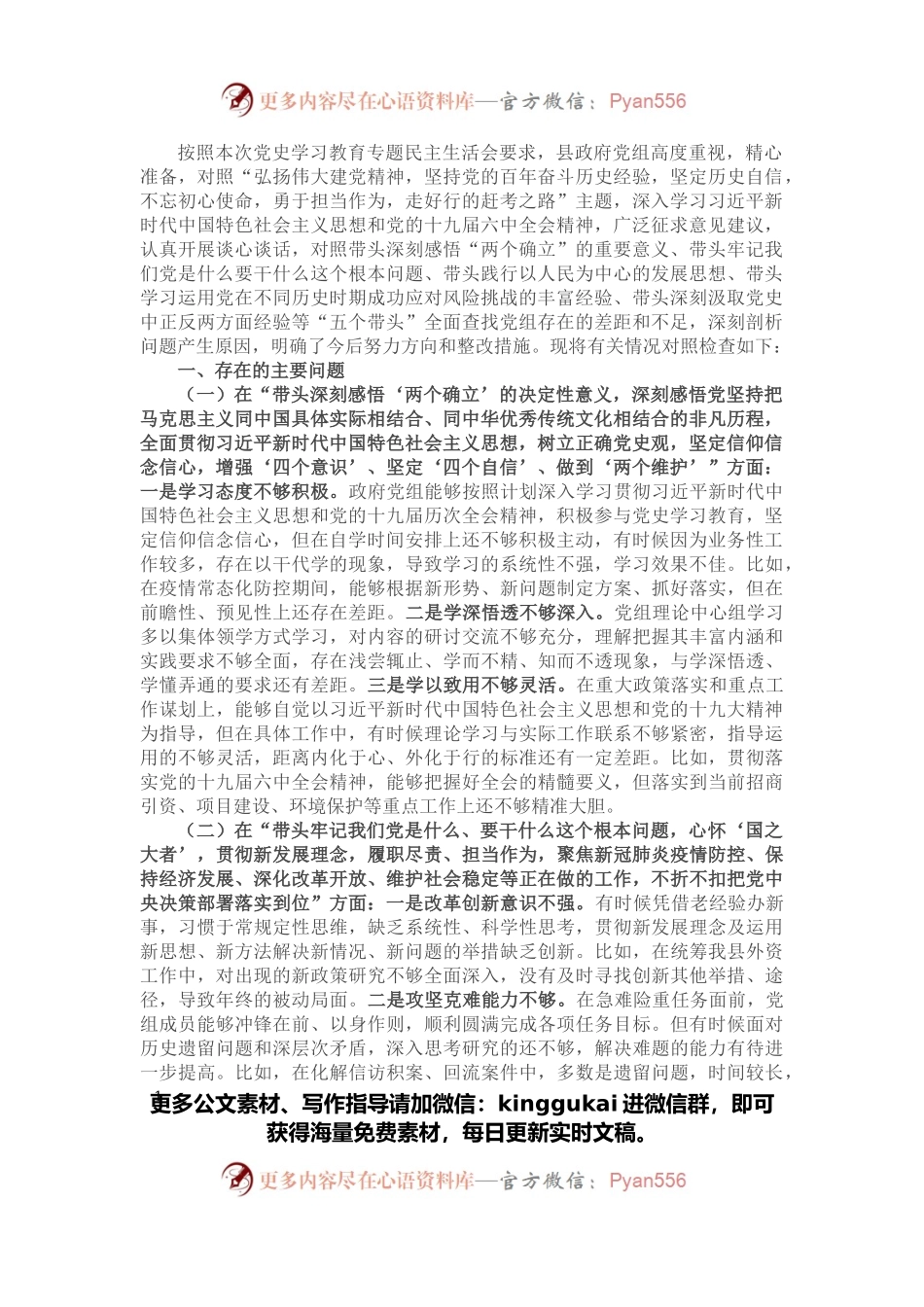 政府党组党史学习教育专题民主生活会“五个带头”对照检查材料.docx_第1页