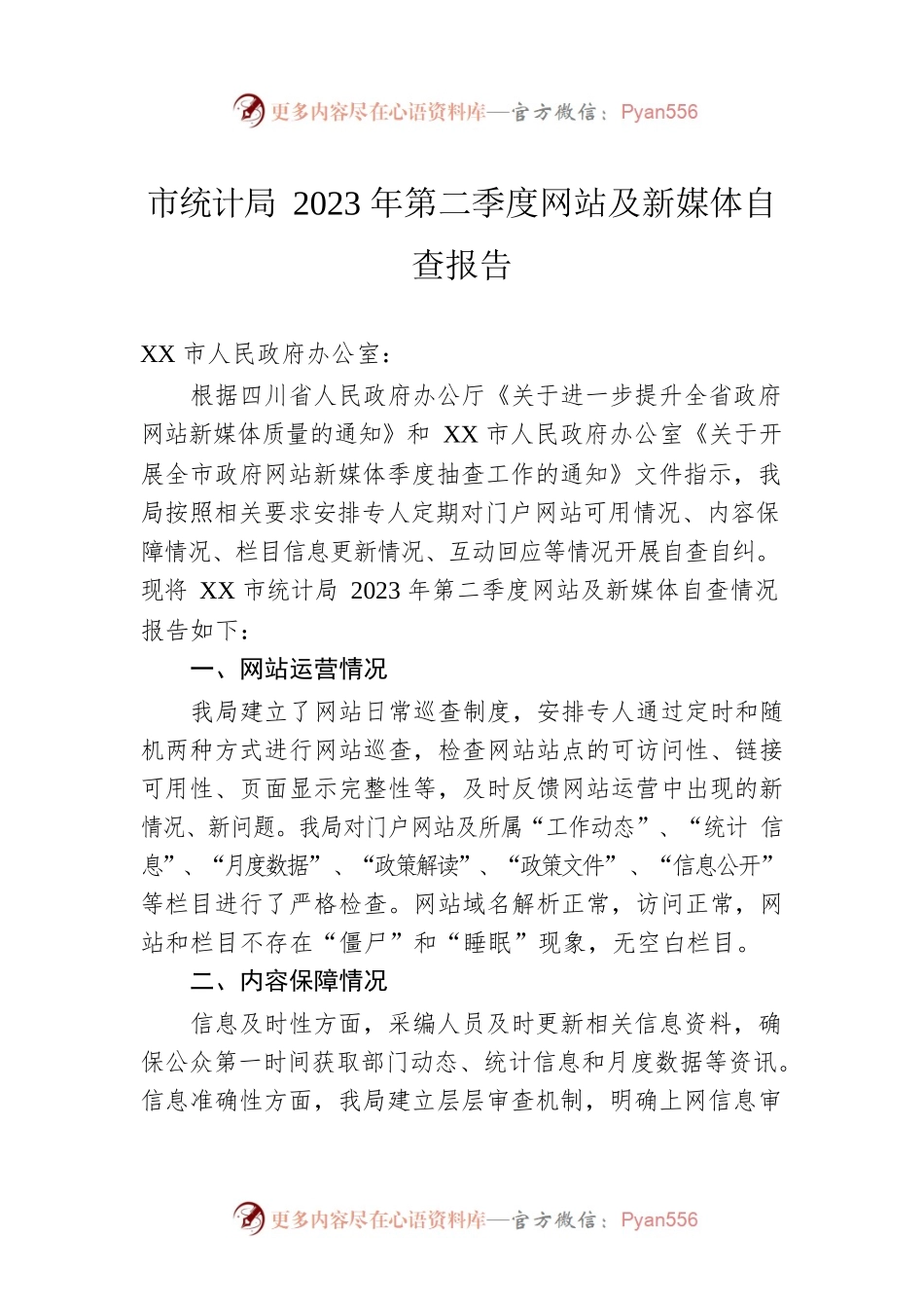 市统计局2023年第二季度网站及新媒体自查报告(20230531）.docx_第1页