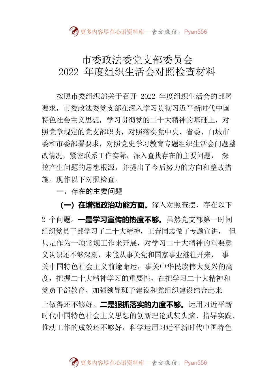 市委政法委党支部委员会2022年度组织生活会对照检查材料.docx_第1页