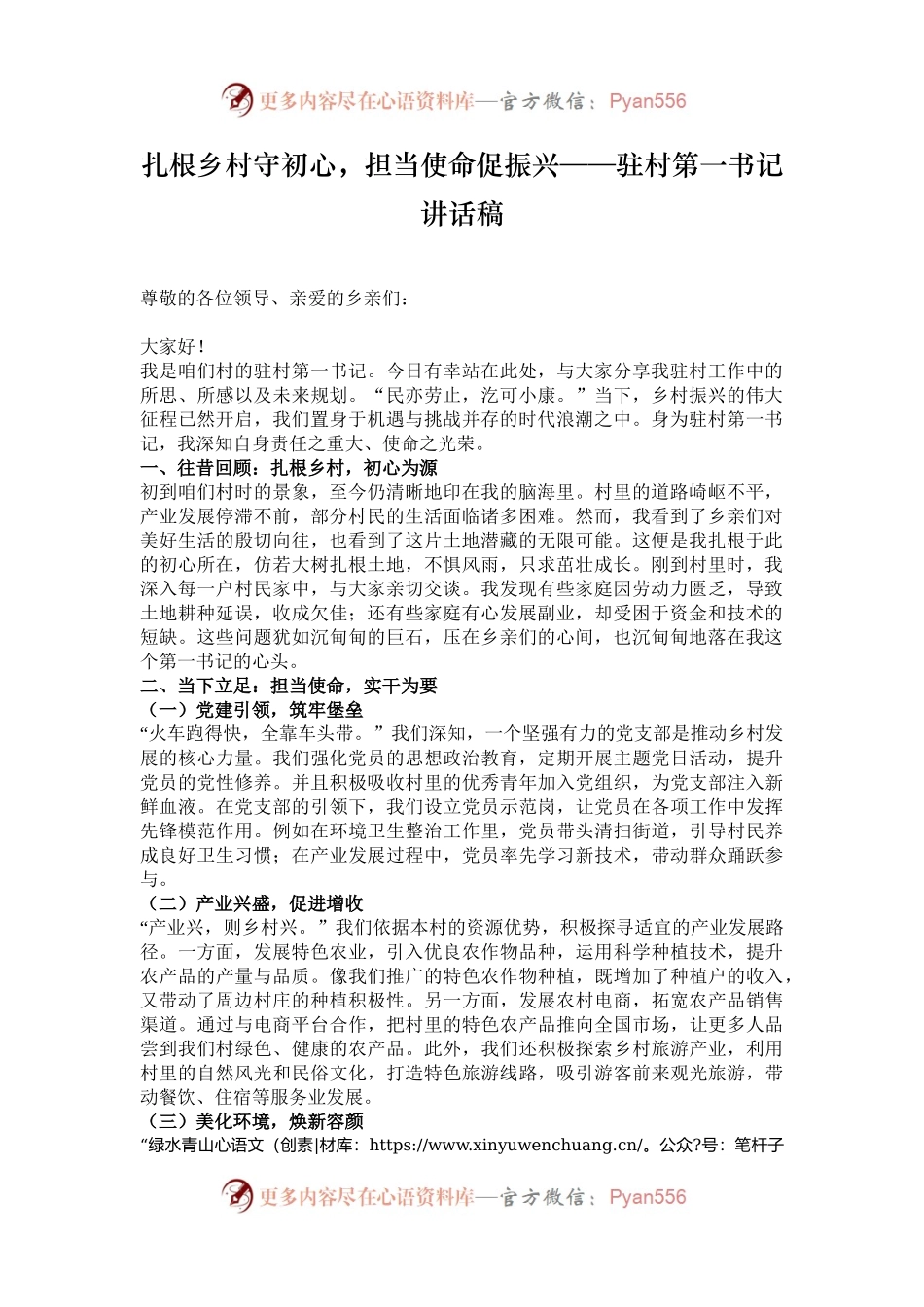 扎根乡村守初心，担当使命促振兴——驻村第一书记讲话稿.docx_第1页
