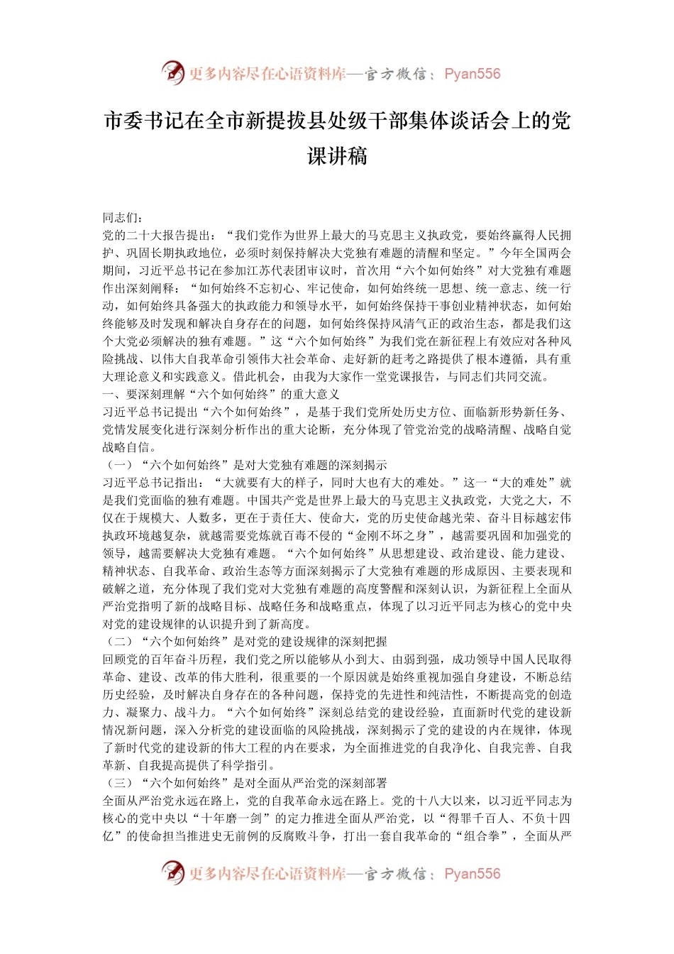 市委书记在全市新提拔县处级干部集体谈话会上的党课讲稿.docx_第1页