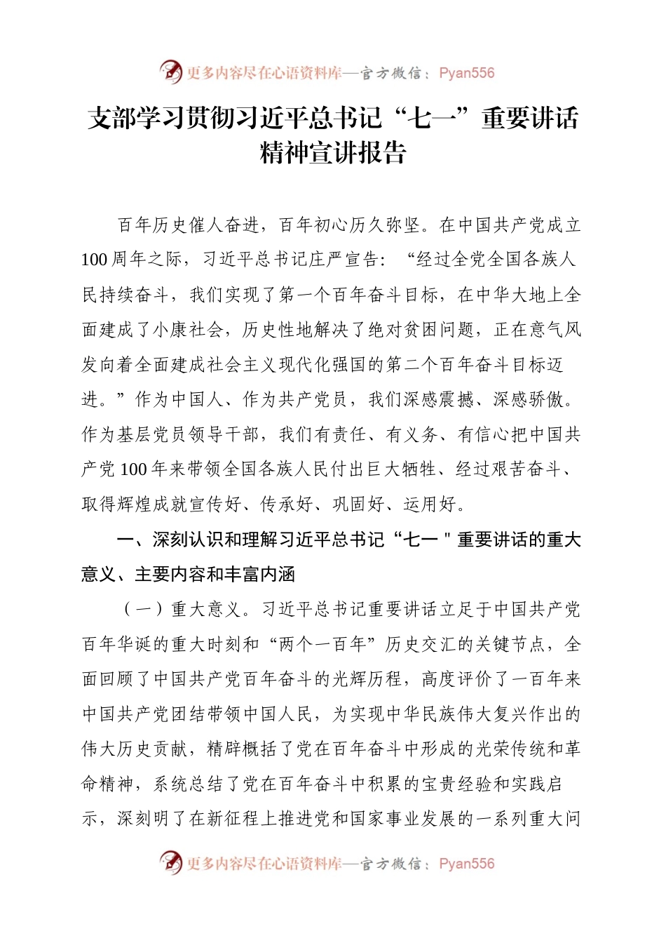 支部学习贯彻习近平总书记“七一”重要讲话精神宣讲报告.docx_第1页
