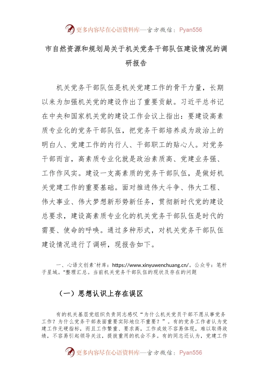 市自然资源和规划局关于机关党务干部队伍建设情况的调研报告.docx_第1页
