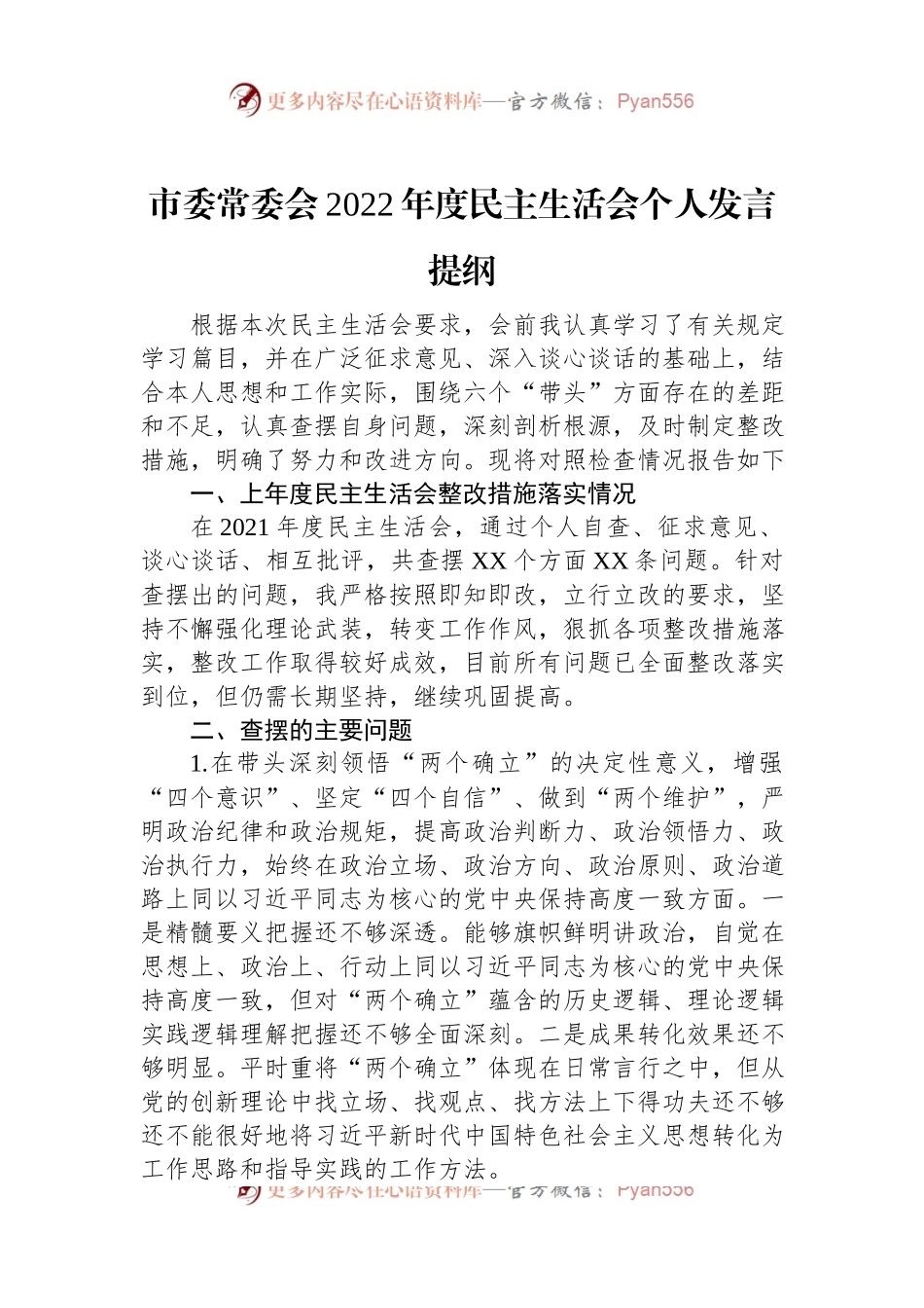 市委常委会2022年度民主生活会个人发言提纲.docx_第1页
