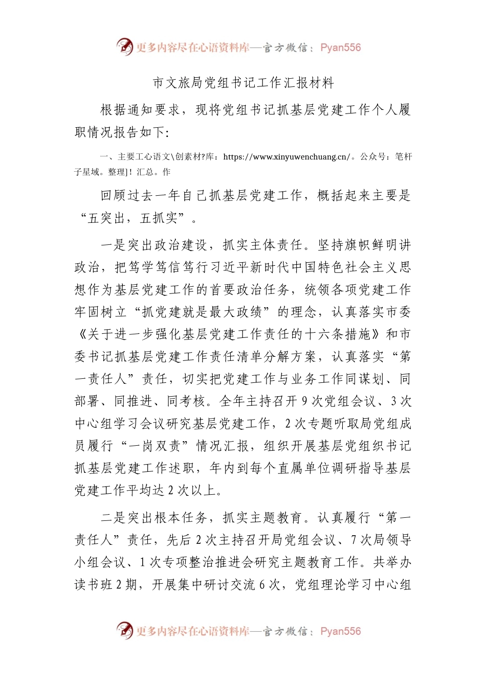 市文旅系统书记抓党建工作履职情况报告2100字.docx_第1页