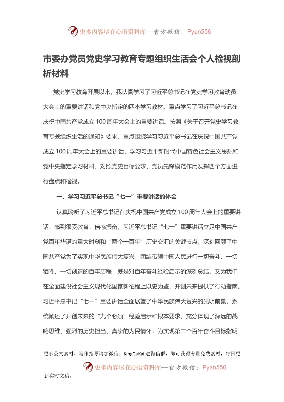 市委办党员党史学习教育专题组织生活会个人检视剖析材料.docx_第1页