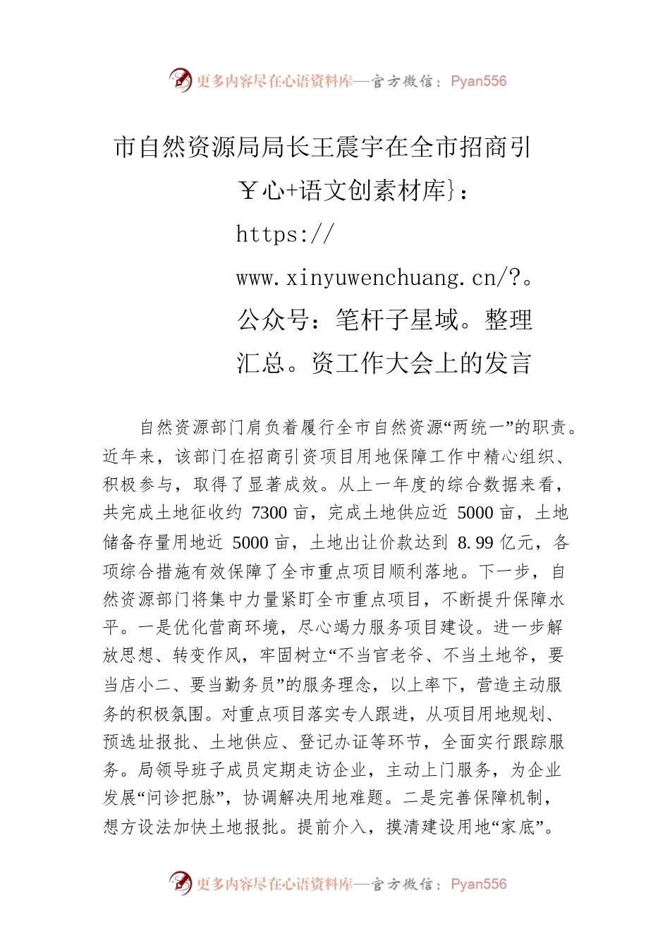 市自然资源局局长王震宇在全市招商引资工作大会上的发言（20220421）.docx_第1页