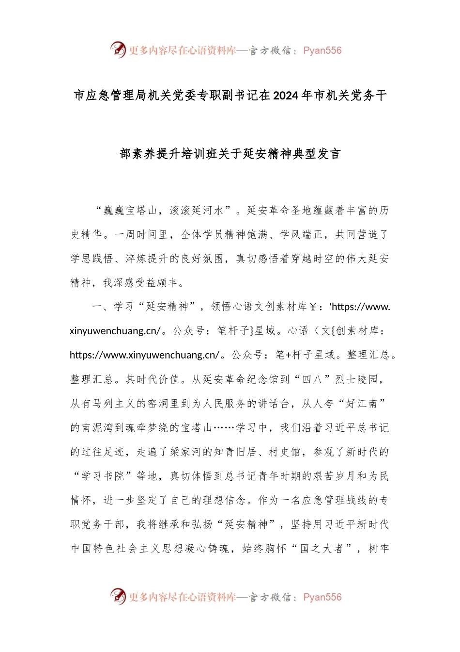 市应急管理局机关党委专职副书记在2024年市机关党务干部素养提升培训班关于延安精神典型发言.docx_第1页