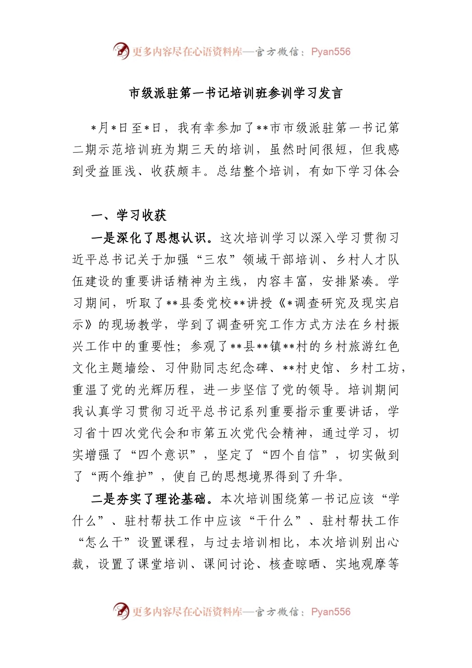 市级派驻第一书记培训班参训学习发言.docx_第1页