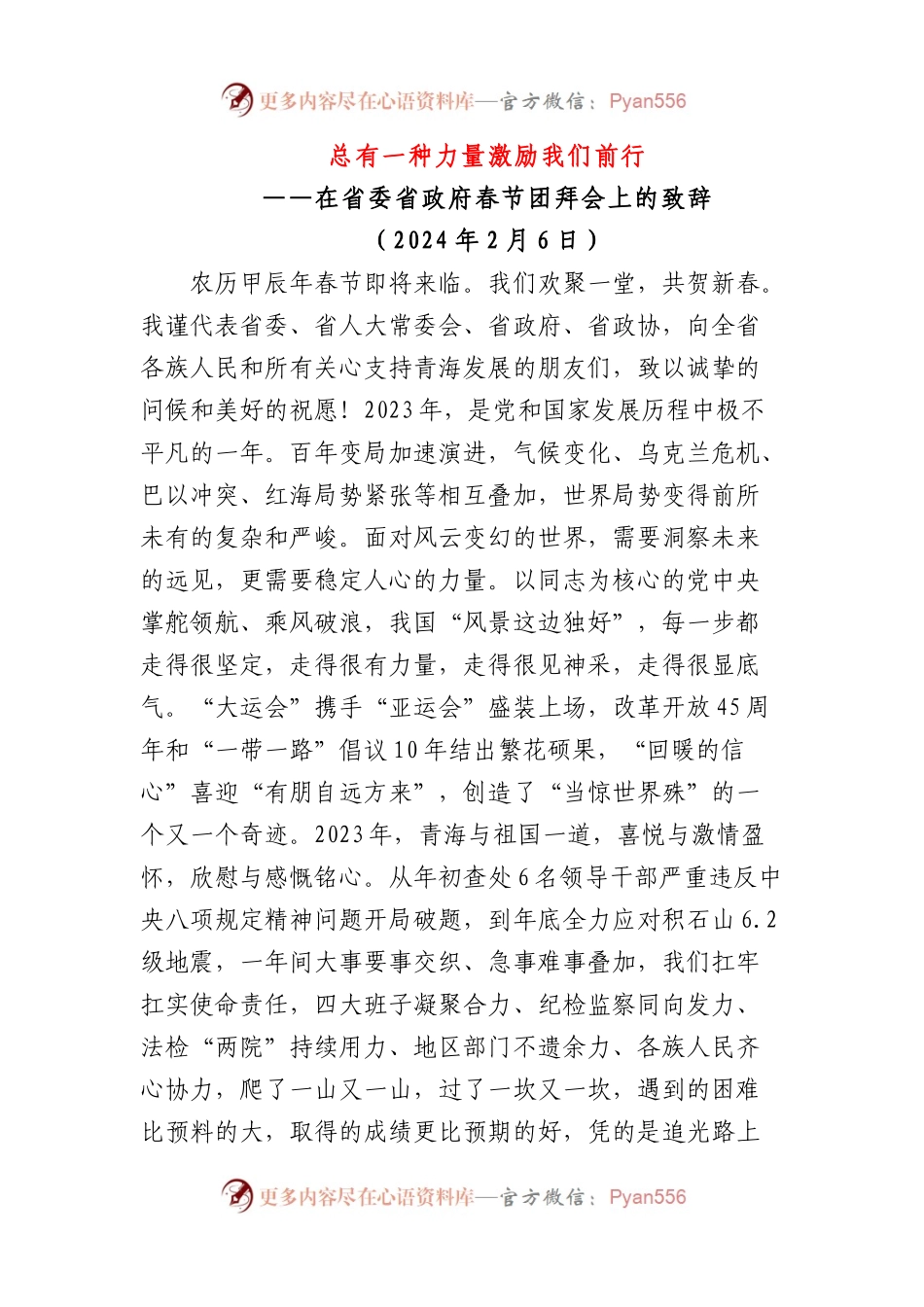 总有一种力量激励我们前行-春节团拜会上的致辞.docx_第1页