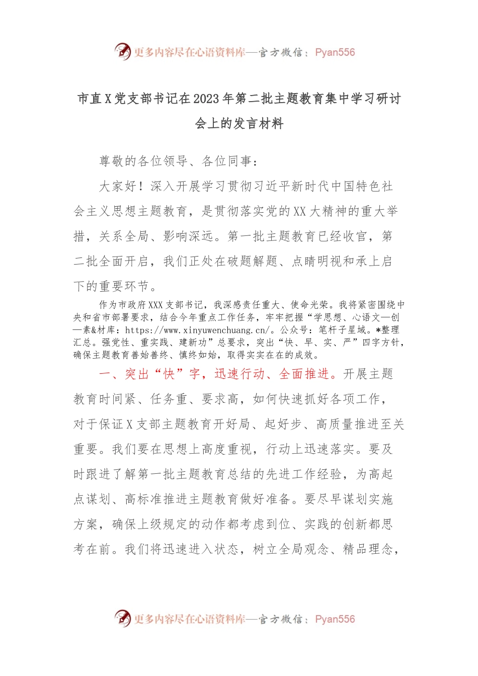 市直X党支部书记在2023年第二批主题教育集中学习研讨会上的发言材料.docx_第1页