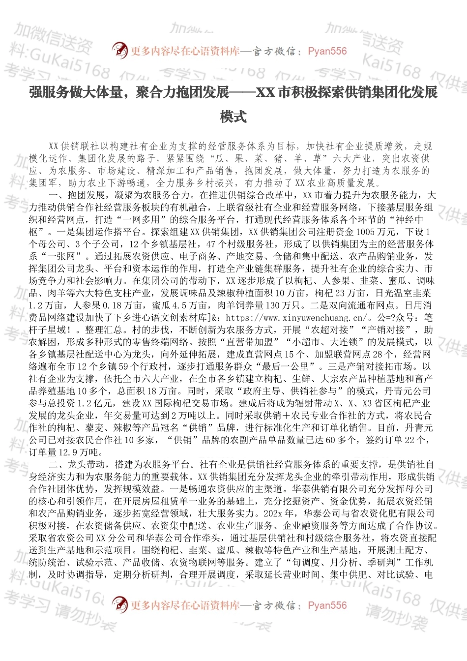 强服务做大体量，聚合力抱团发展——XX市积极探索供销集团化发展模式.docx_第1页