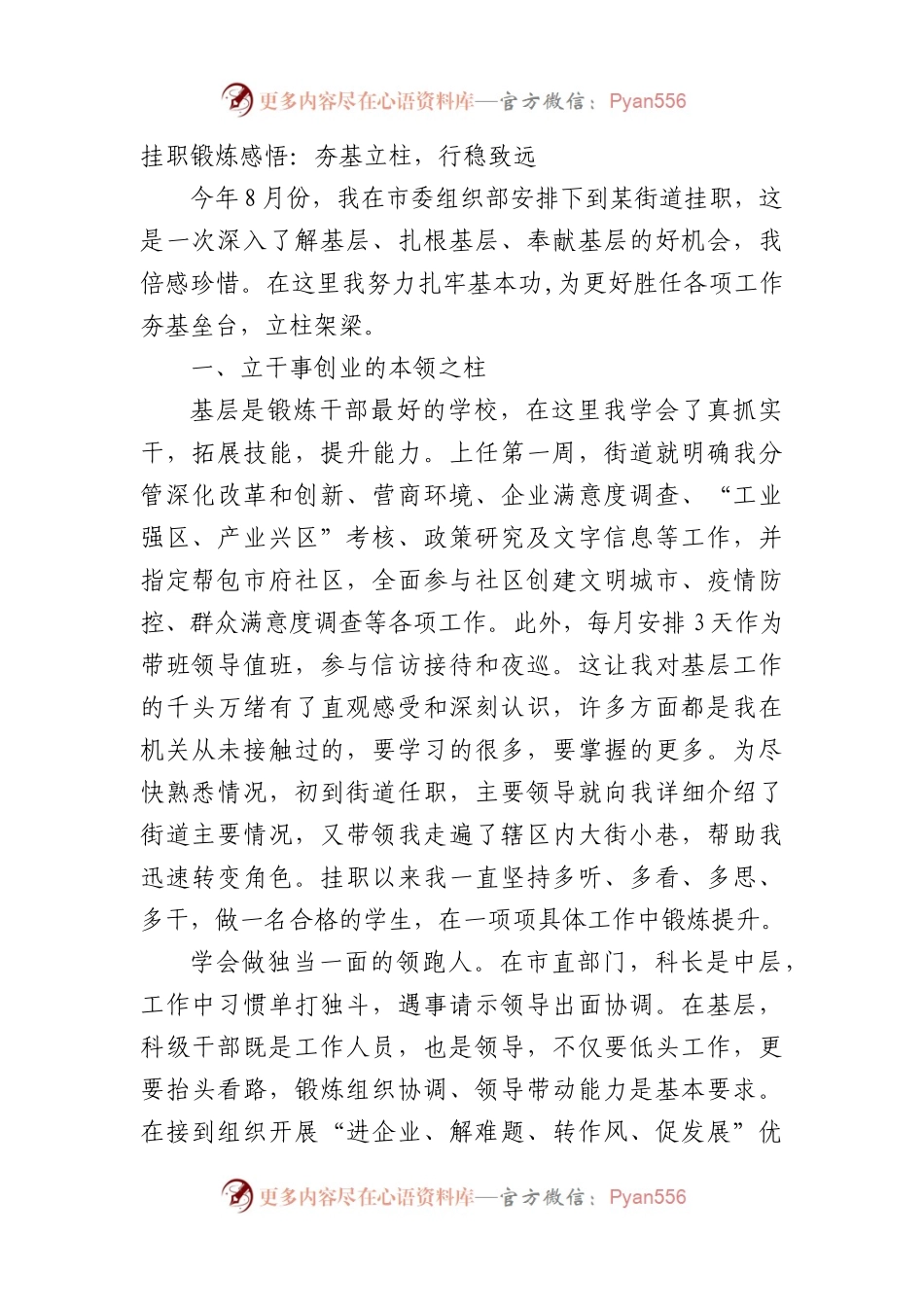 挂职锻炼感悟心得：夯基立柱，行稳致远.docx_第1页