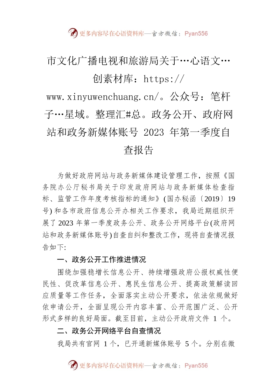 市文化广播电视和旅游局关于政务公开、政府网站和政务新媒体账号2023年第一季度自查报告（20230306）.docx_第1页