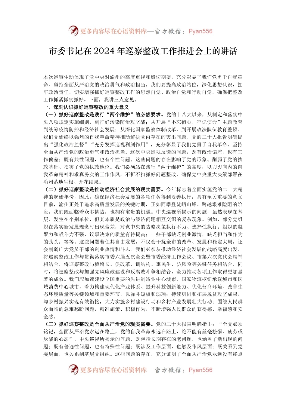 市委书记在2024年巡察整改工作推进会上的讲话.docx_第1页