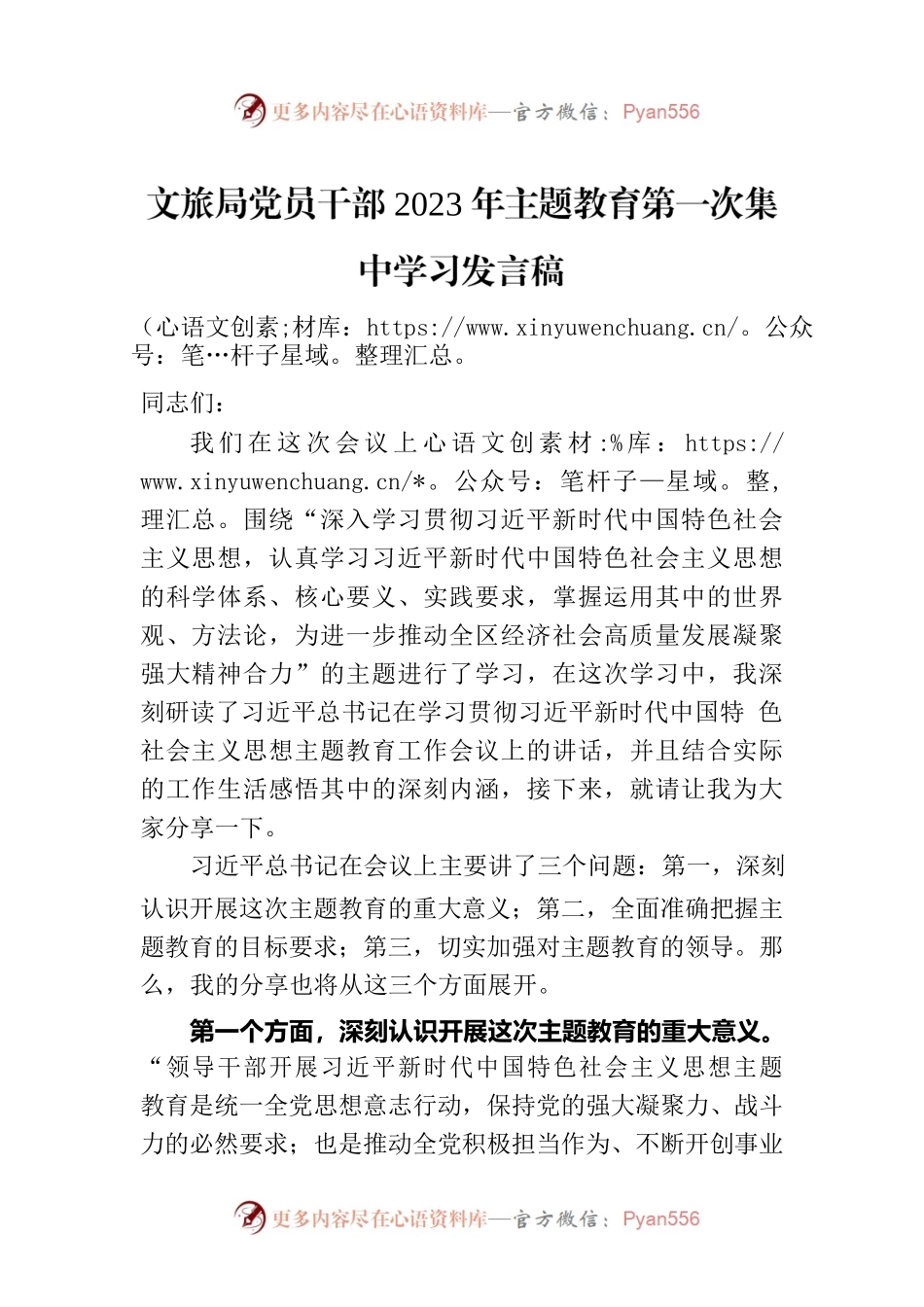 文旅局党员干部2023年主题教育第一次集中学习发言稿.docx_第1页