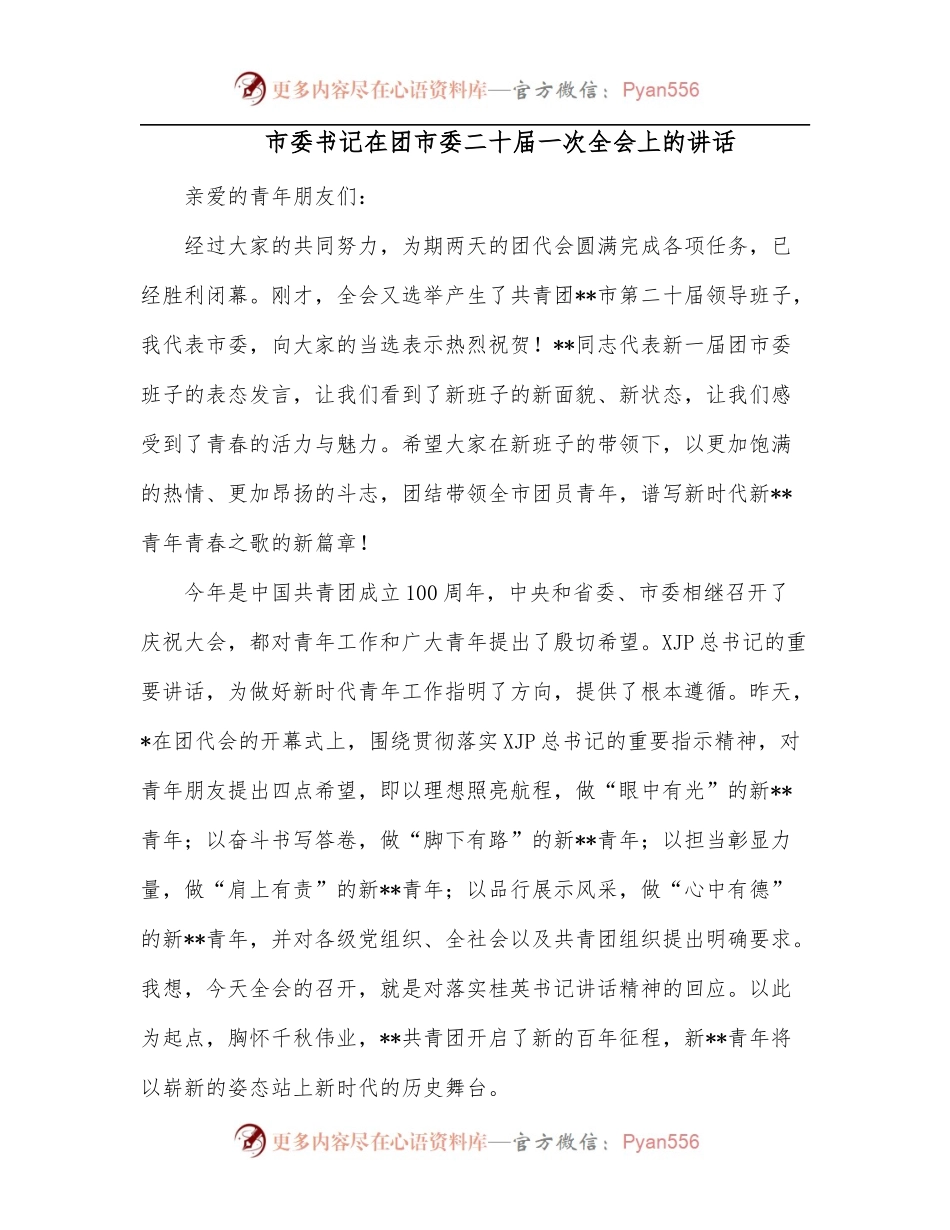 市委书记在团市委二十届一次全会上的讲话.docx_第1页