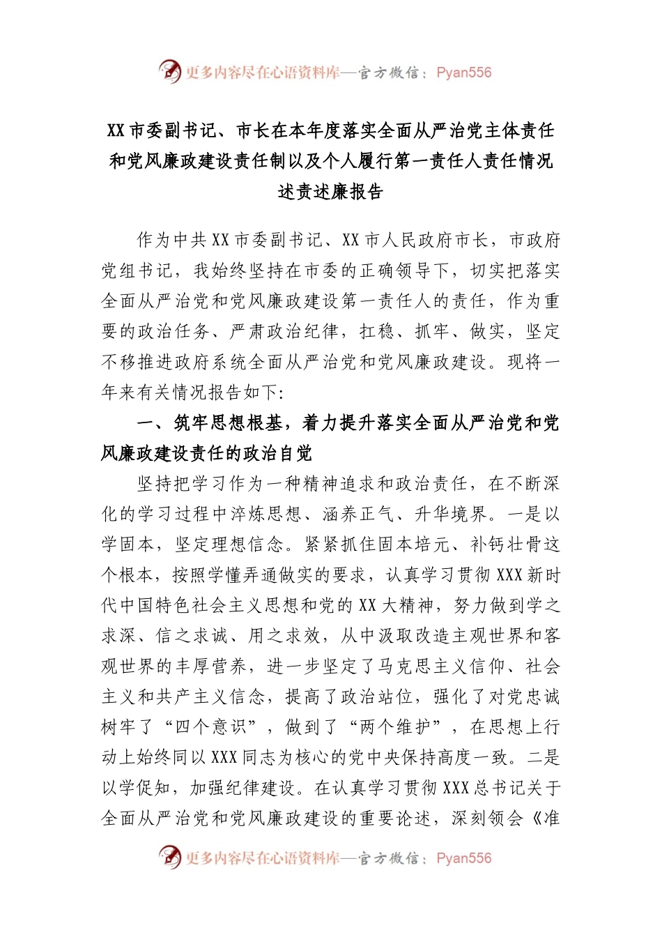 市委副书记、市长 在本年度落实全面从严治党主体责任和党风廉政建设责任制以及个人履行第一责任人责任情况述责述廉报告.docx_第1页