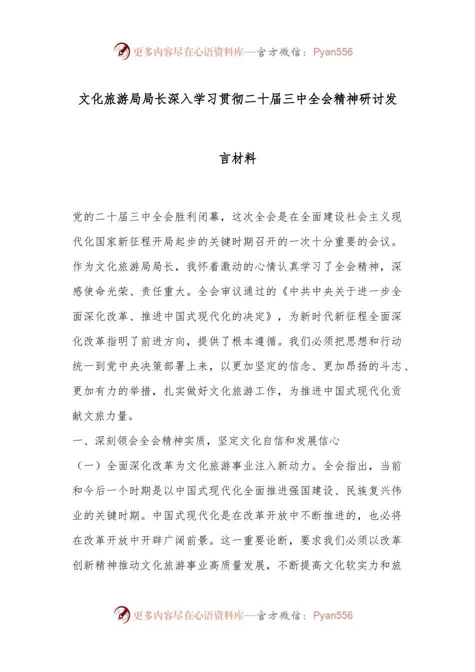 文化旅游局局长深入学习贯彻二十届三中全会精神研讨发言材料.docx_第1页