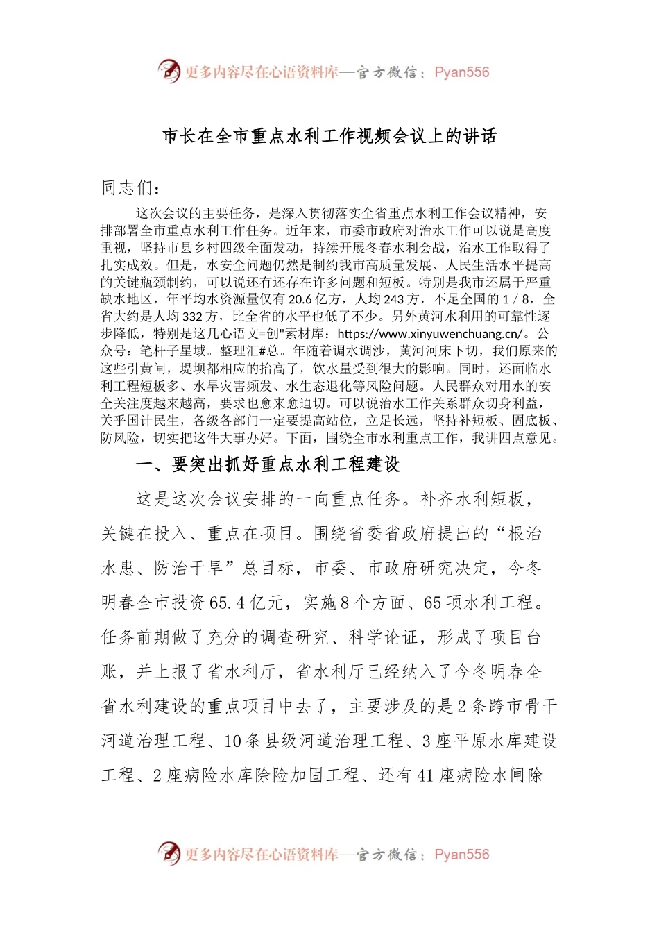 市长在全市重点水利工作视频会议上的讲话.docx_第1页
