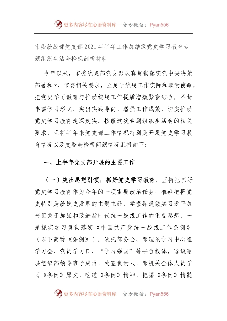 市委统战部党支部2021年半年工作总结级党史学习教育专题组织生活会检视剖析材料（5）.docx_第1页