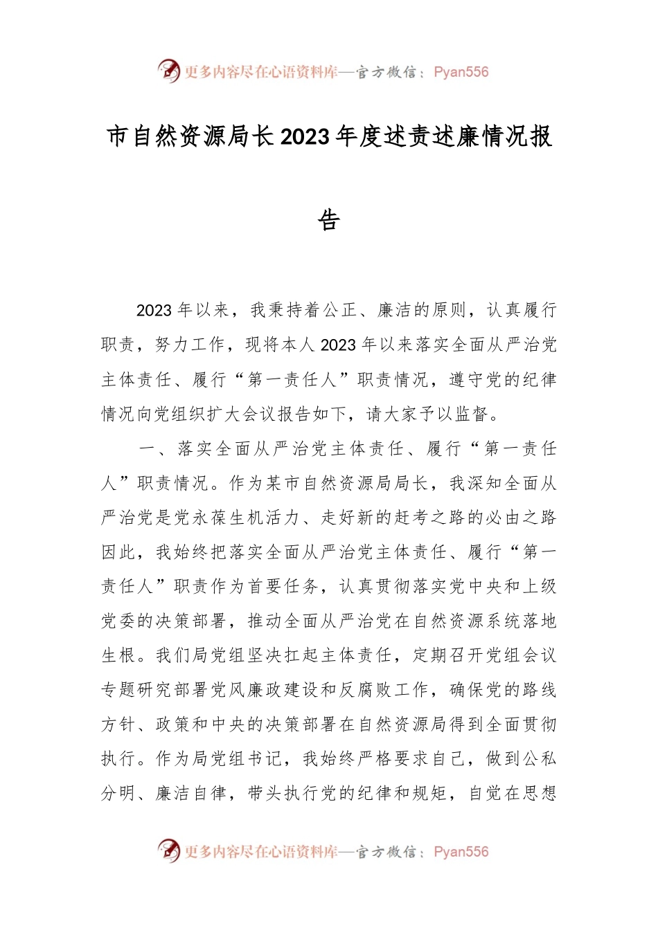 市自然资源局长2023年度述责述廉情况报告.docx_第1页