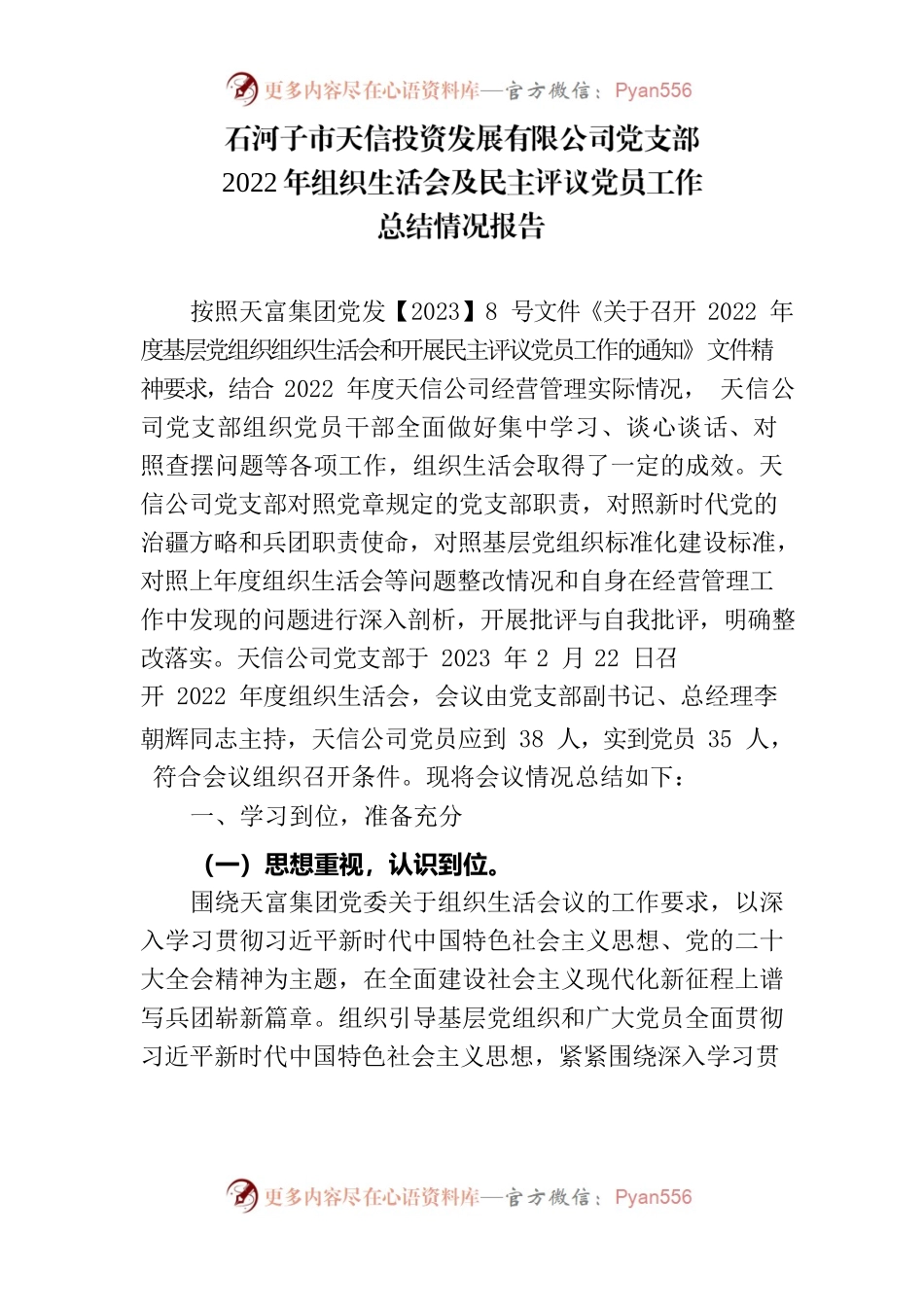 投资发展有限公司2022年组织生活会情况总结报告.docx_第1页