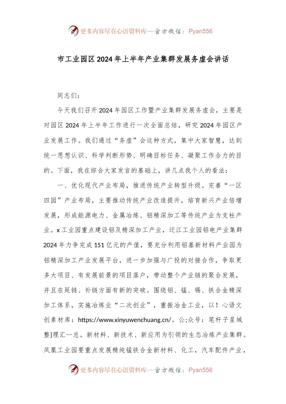 市工业园区2024年上半年产业集群发展务虚会讲话.docx_第1页
