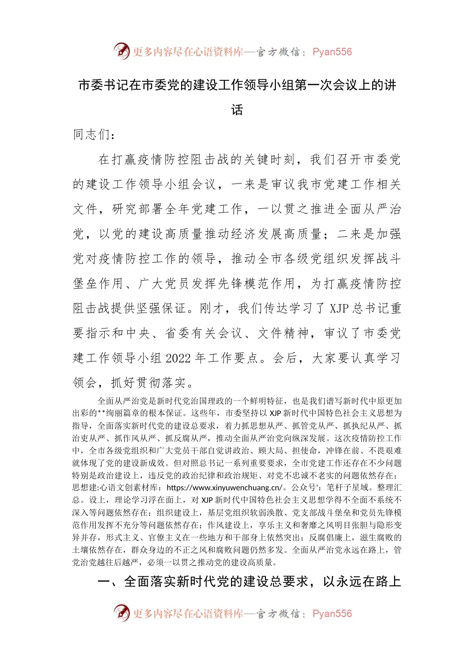 市委书记在市委党的建设工作领导小组第一次会议上的讲话.docx_第1页