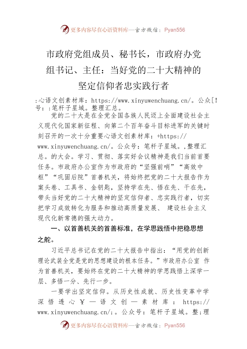 市政府党组成员、秘书长，市政府办党组书记、主任：当好党的二十大精神的坚定信仰者忠实践行者（20221101）.docx_第1页