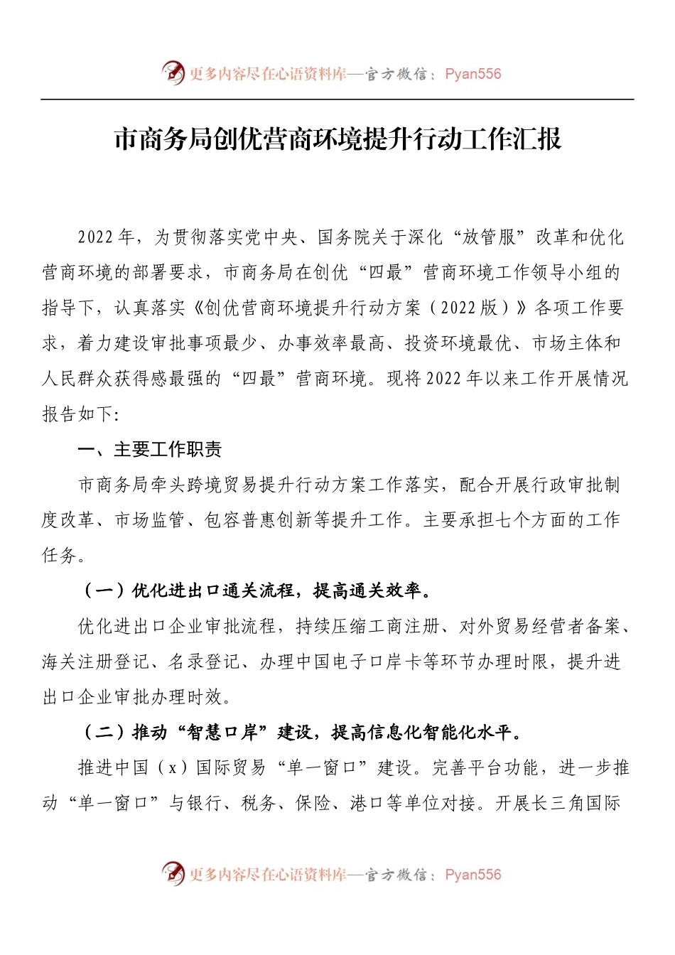 市商务局创优营商环境提升行动工作汇报.docx_第1页