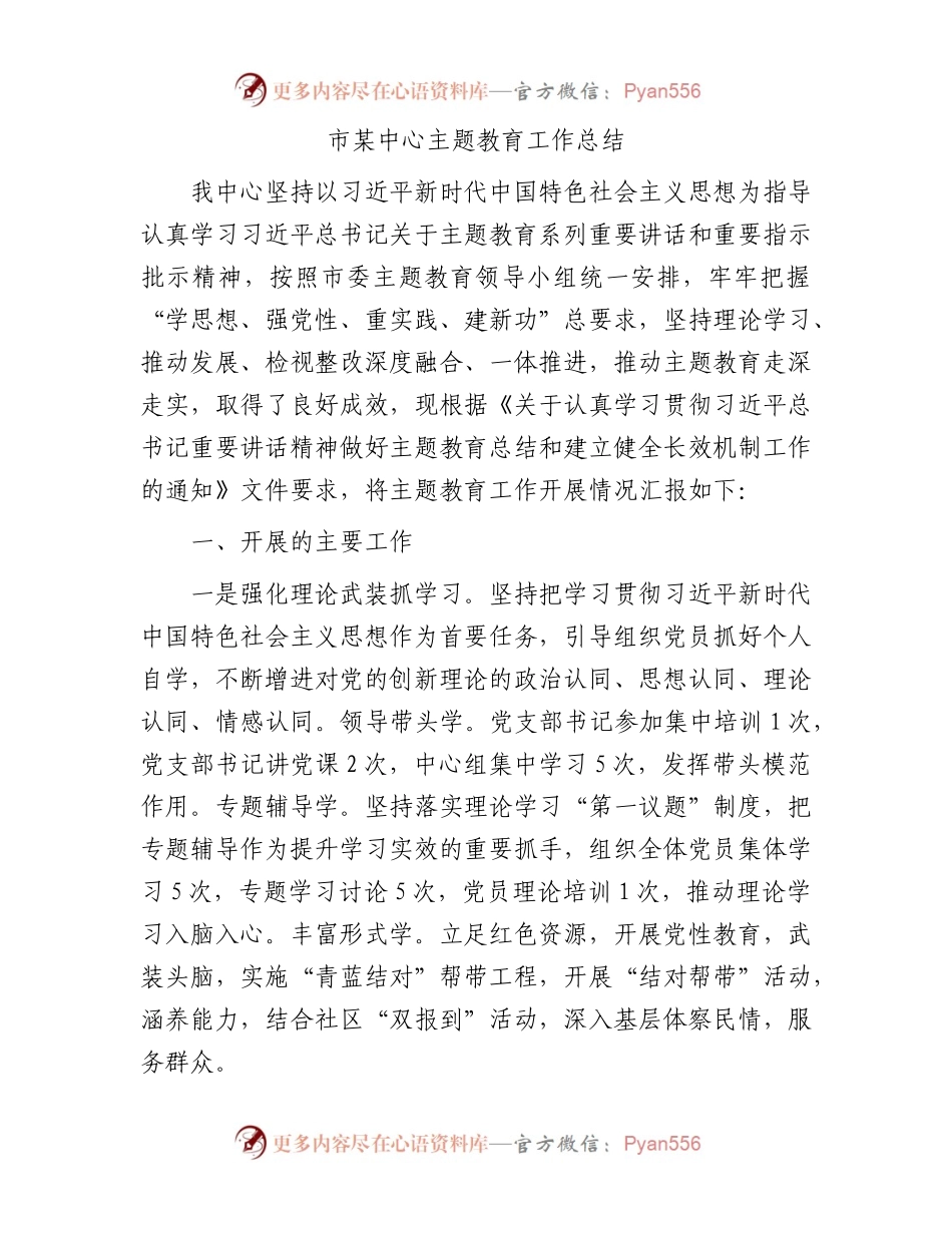市某中心主题教育工作总结.docx_第1页