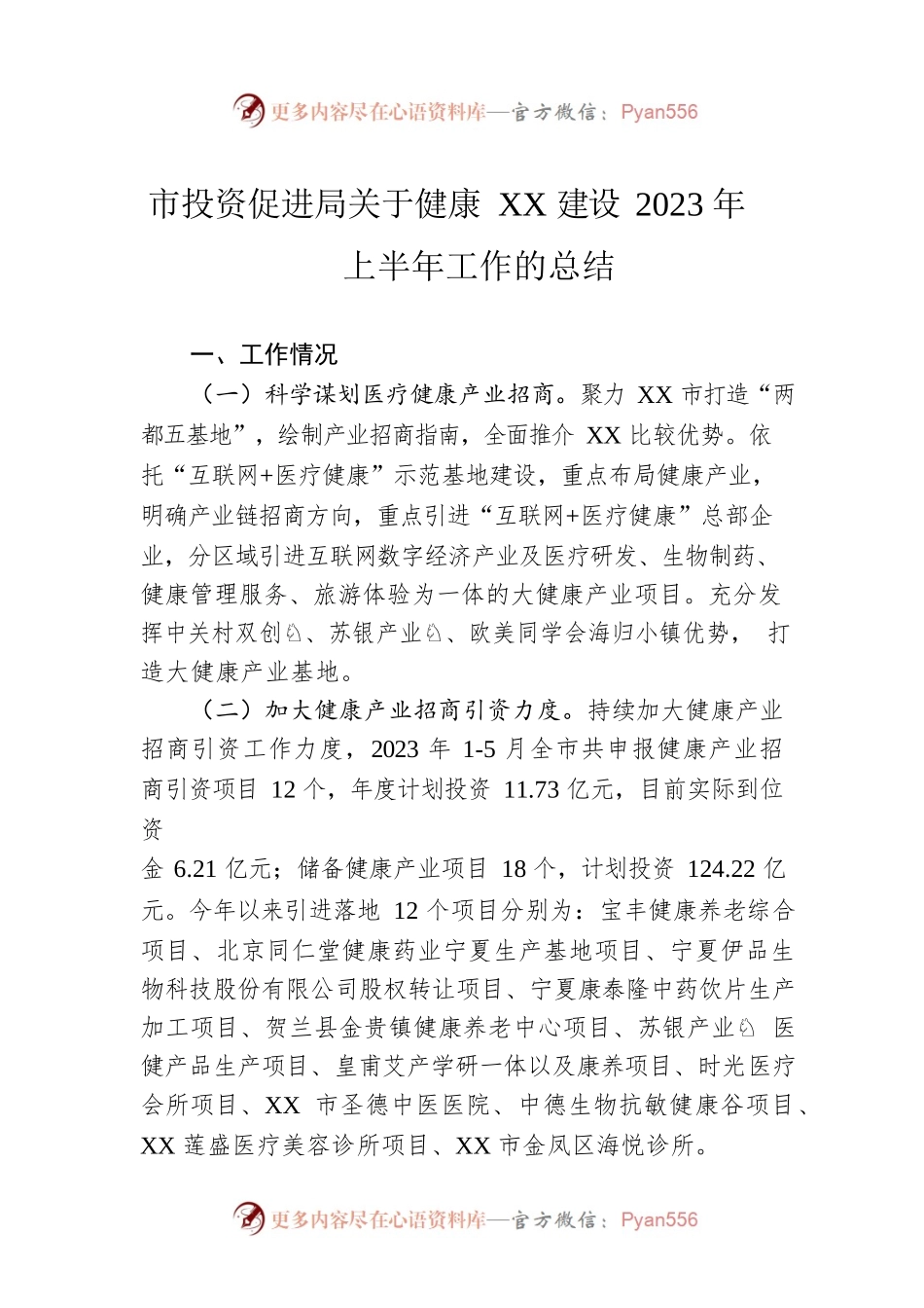 市投资促进局关于健康XX建设2023年上半年工作的总结（20230625）.docx_第1页