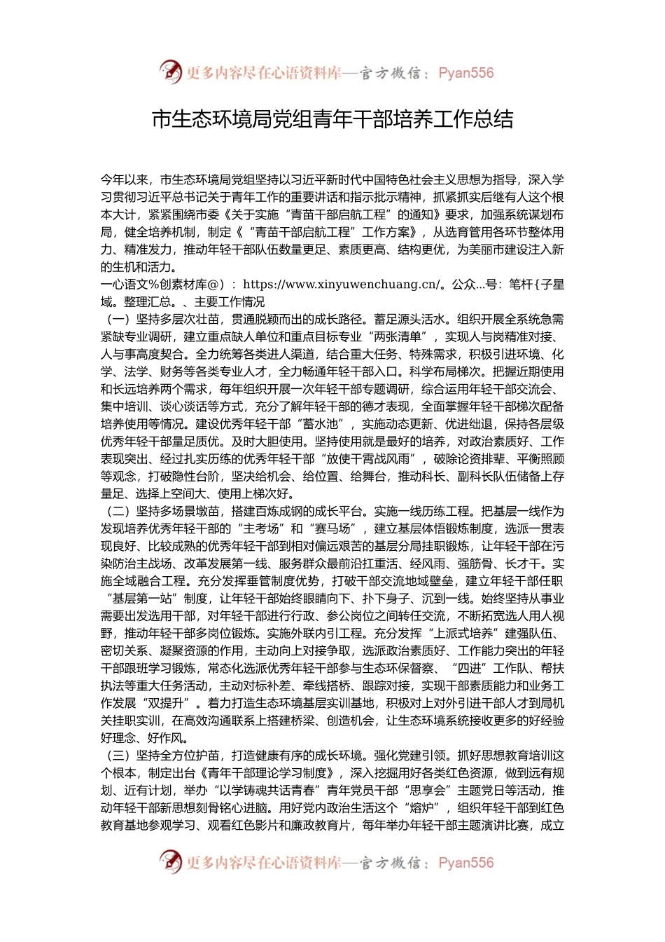 市生态环境局党组青年干部培养工作总结.docx_第1页