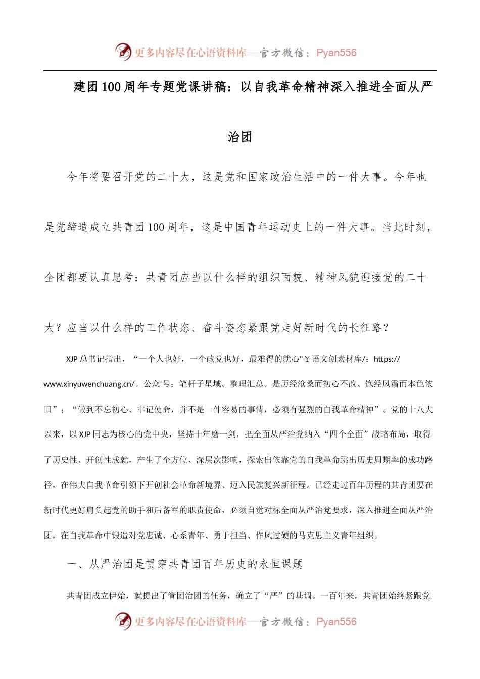 建团100 周年专题党课讲稿：以自我革命精神深入推进全面从严治团.docx_第1页