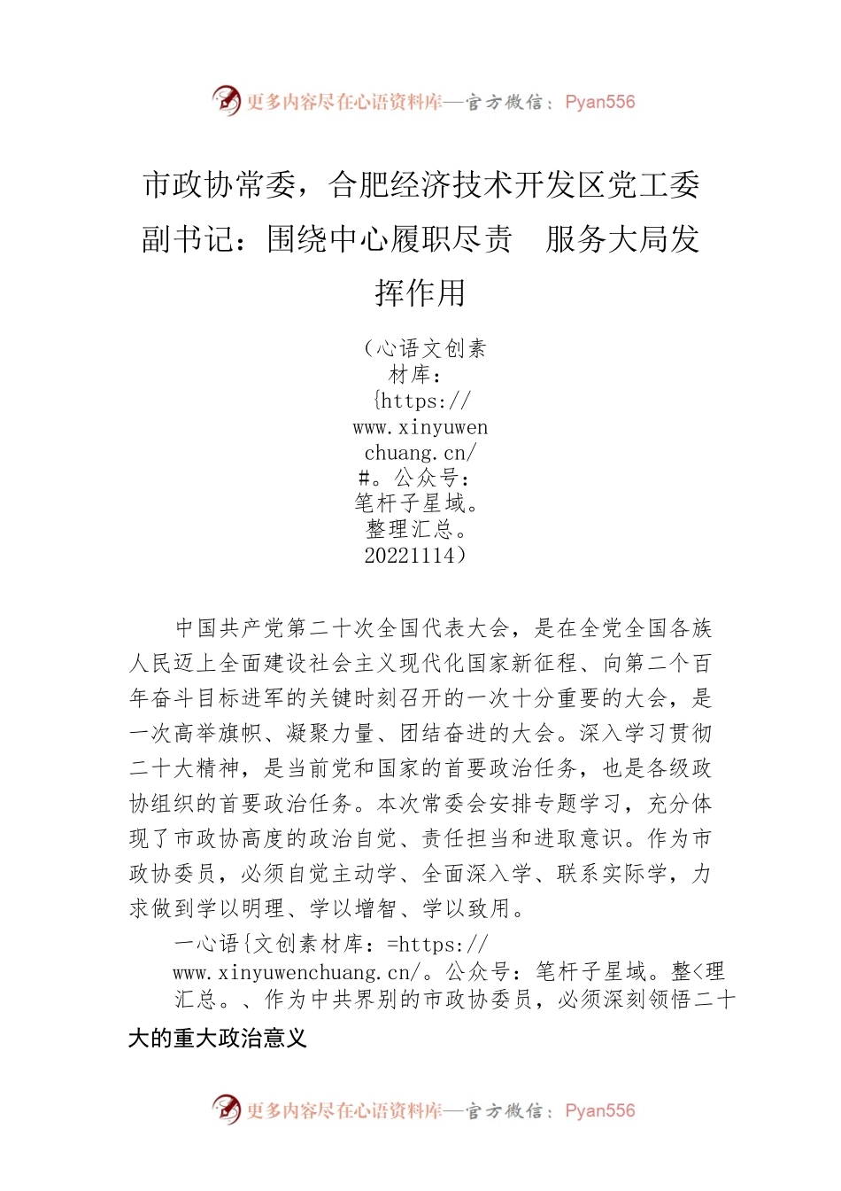 市政协常委，合肥经济技术开发区党工委副书记：围绕中心履职尽责  服务大局发挥作用(20221114).docx_第1页