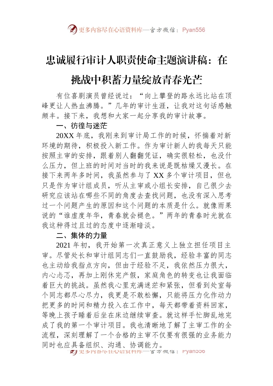 忠诚履行审计人职责使命主题演讲稿：在挑战中积蓄力量绽放青春光芒.docx_第1页